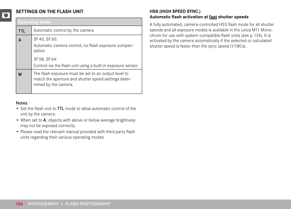 Settings on the flash unit, Hss (high speed sync.) | LEICA M11 Monochrom Rangefinder Camera User Manual | Page 126 / 185