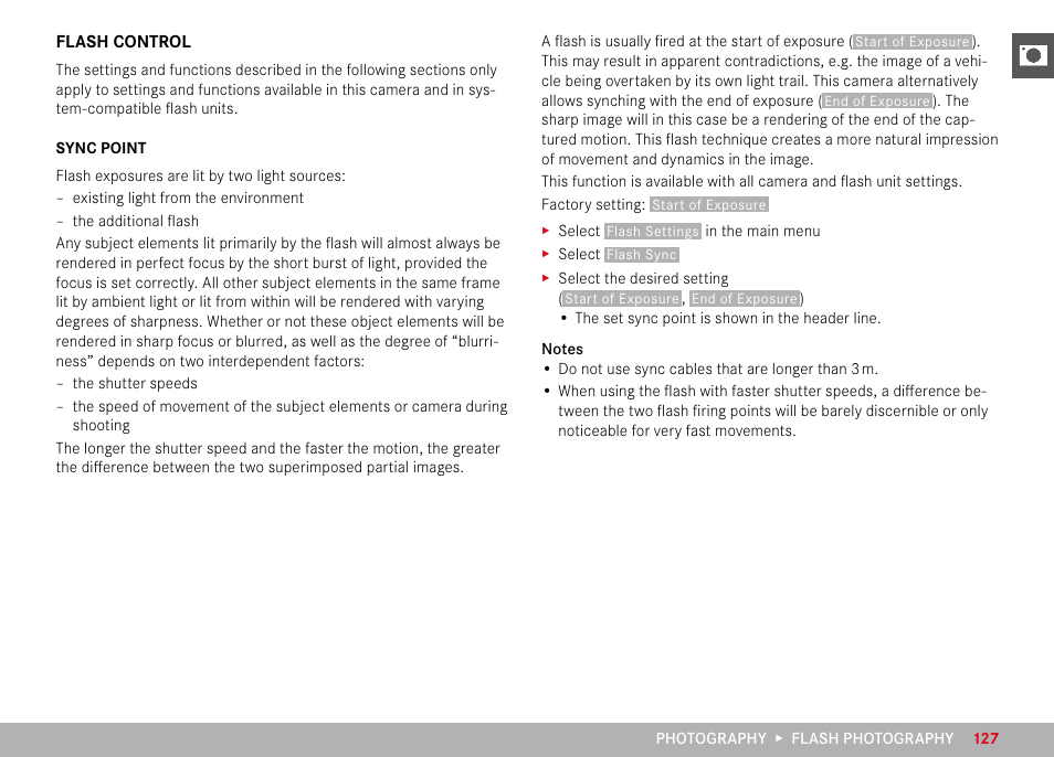 Flash control, Sync point | LEICA M11 Monochrom Rangefinder Camera User Manual | Page 127 / 185