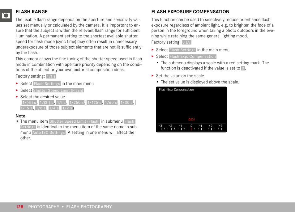 Flash range, Flash exposure compensation, Flash range flash exposure compensation | LEICA M11 Monochrom Rangefinder Camera User Manual | Page 128 / 185