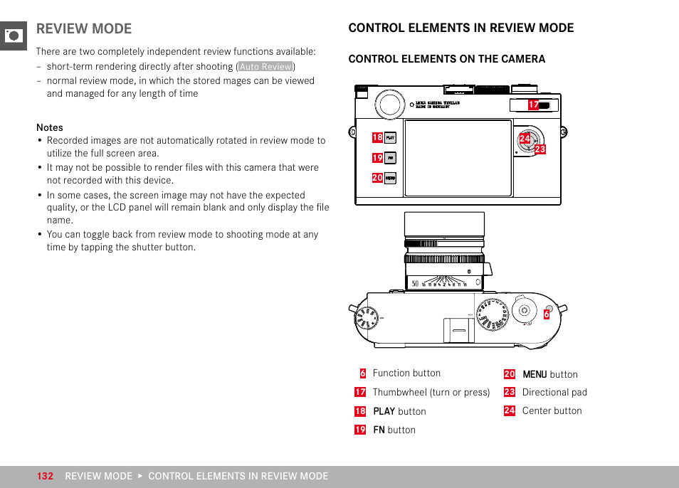Review mode, Control elements in review mode | LEICA M11 Monochrom Rangefinder Camera User Manual | Page 132 / 185