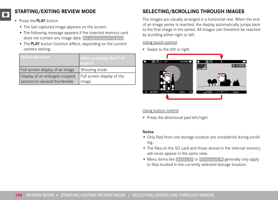 Initiate/exit review mode, Selecting/scrolling through images | LEICA M11 Monochrom Rangefinder Camera User Manual | Page 134 / 185