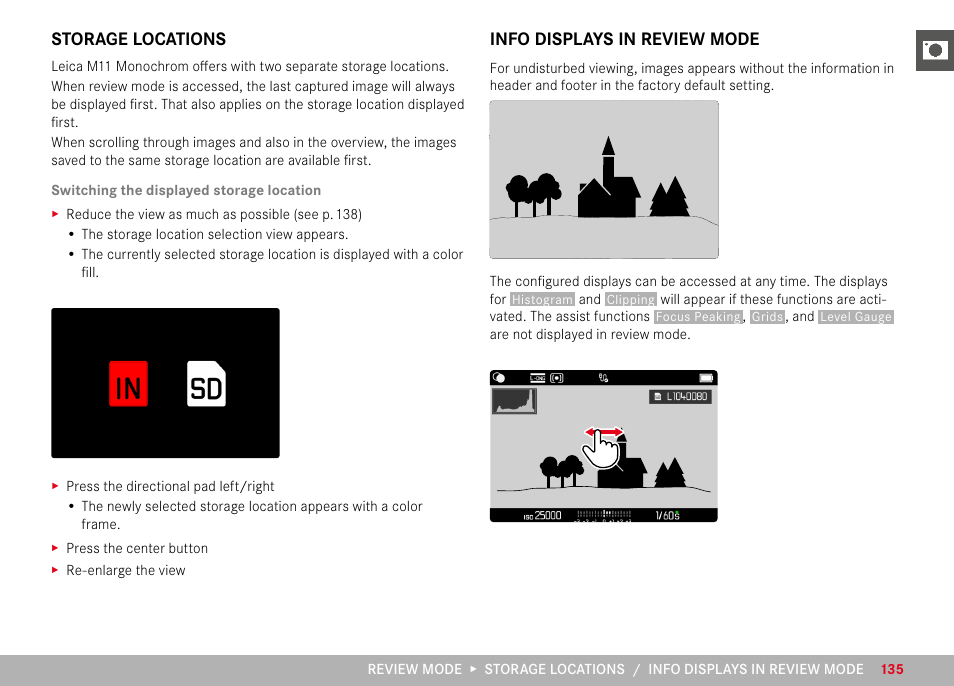 Storage locations, Info displays in review mode, Storage locations info displays in review mode | LEICA M11 Monochrom Rangefinder Camera User Manual | Page 135 / 185