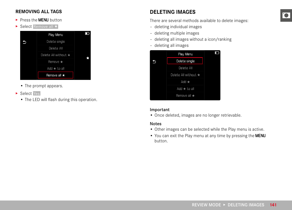 Deleting images | LEICA M11 Monochrom Rangefinder Camera User Manual | Page 141 / 185