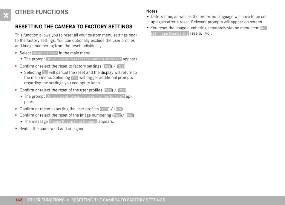 Other functions, Resetting the camera to factory settings | LEICA M11 Monochrom Rangefinder Camera User Manual | Page 146 / 185