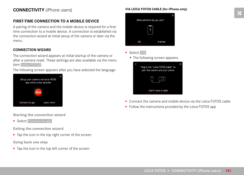Connectivity (iphone users), First-time connection to a mobile device, Connectivity | Iphone users) | LEICA M11 Monochrom Rangefinder Camera User Manual | Page 151 / 185