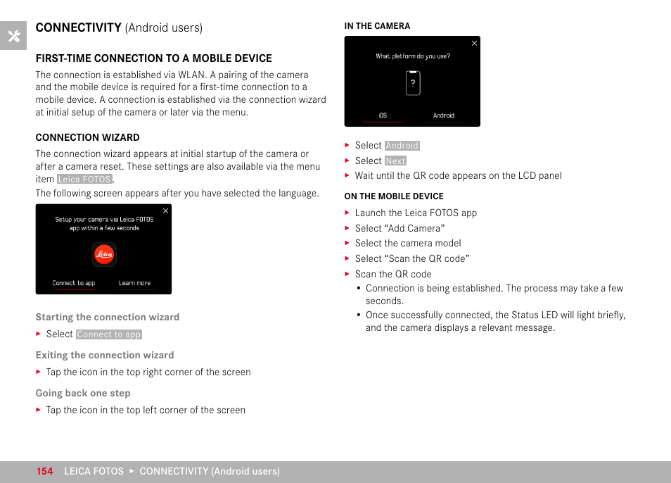Connectivity (android users), First-time connection to a mobile device, Connectivity | Android users) | LEICA M11 Monochrom Rangefinder Camera User Manual | Page 154 / 185