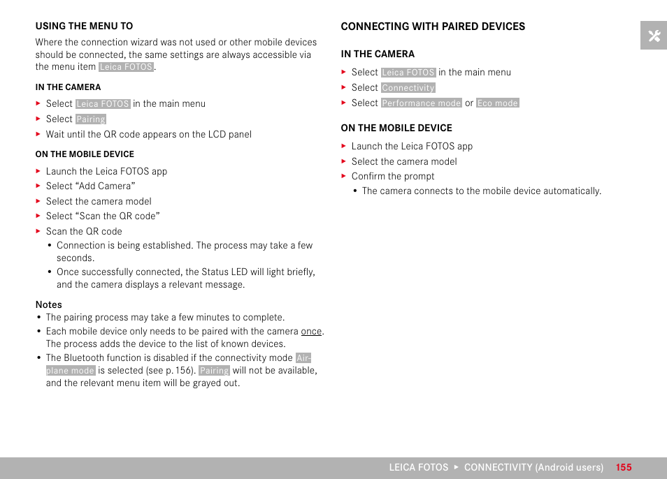 Connecting with paired devices | LEICA M11 Monochrom Rangefinder Camera User Manual | Page 155 / 185