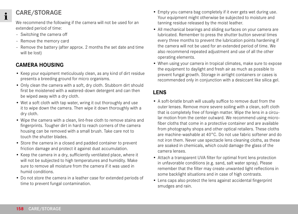 Care/storage | LEICA M11 Monochrom Rangefinder Camera User Manual | Page 158 / 185