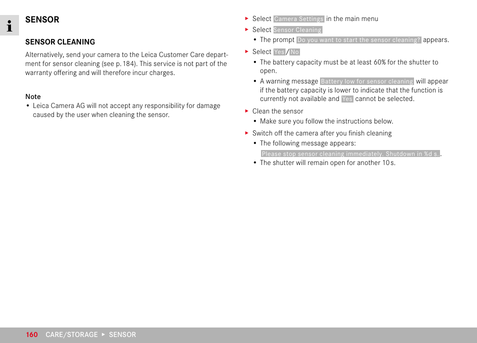 Sensor, Sensor cleaning | LEICA M11 Monochrom Rangefinder Camera User Manual | Page 160 / 185