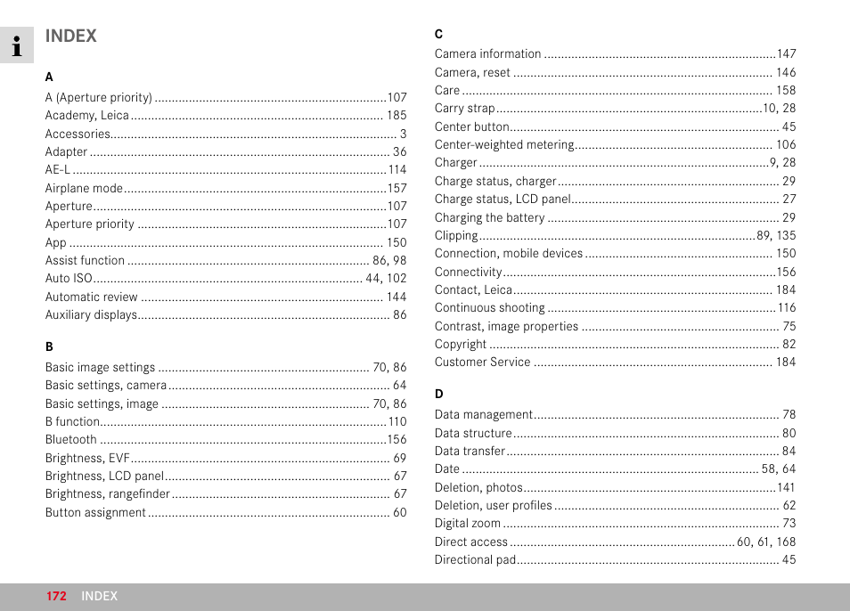 Index | LEICA M11 Monochrom Rangefinder Camera User Manual | Page 172 / 185