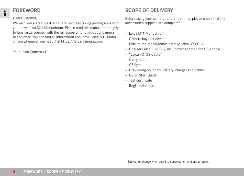 Foreword, Scope of delivery | LEICA M11 Monochrom Rangefinder Camera User Manual | Page 2 / 185