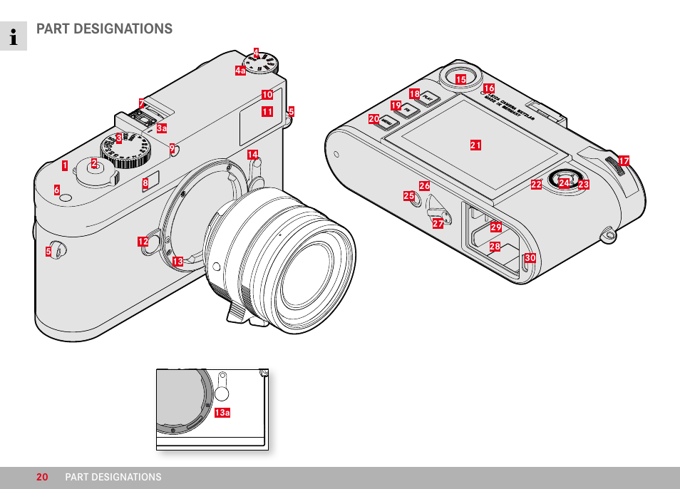 Part designations | LEICA M11 Monochrom Rangefinder Camera User Manual | Page 20 / 185