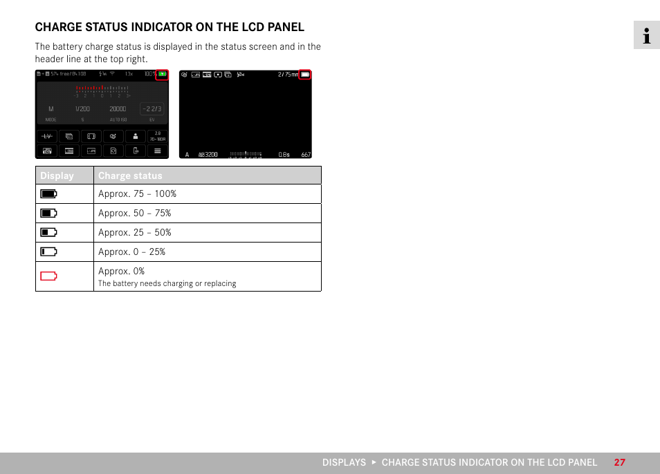 Charge status indicator on the lcd panel | LEICA M11 Monochrom Rangefinder Camera User Manual | Page 27 / 185