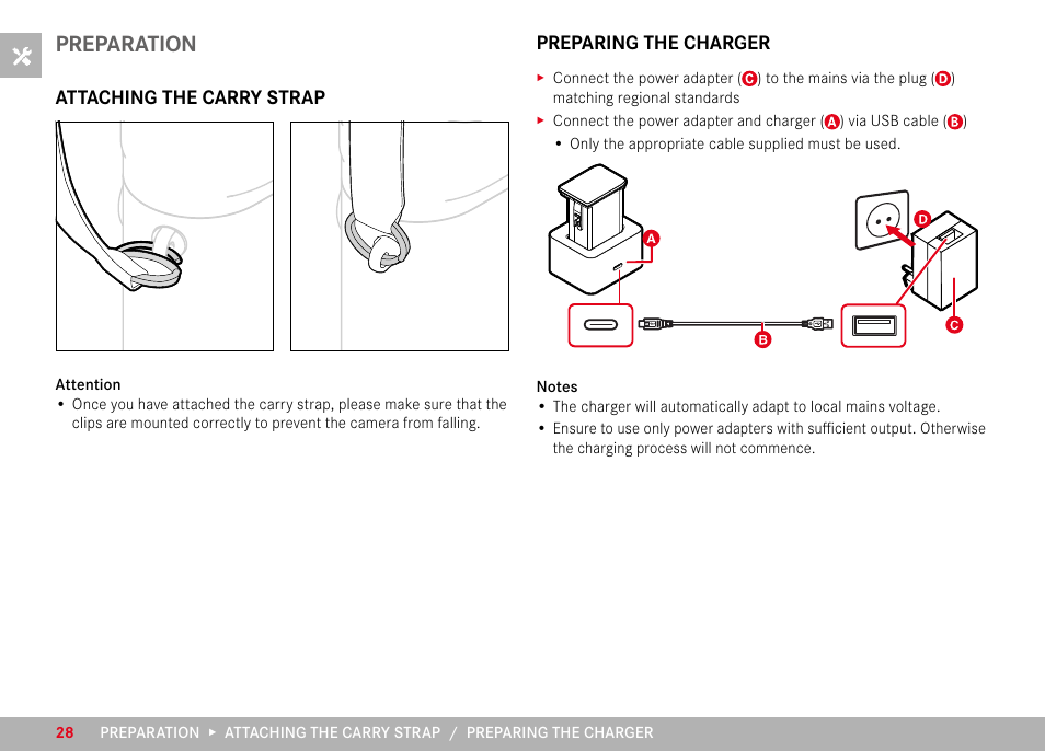 Preparation, Attaching the carry strap, Preparing the charger | Attaching the carry strap preparing the charger | LEICA M11 Monochrom Rangefinder Camera User Manual | Page 28 / 185