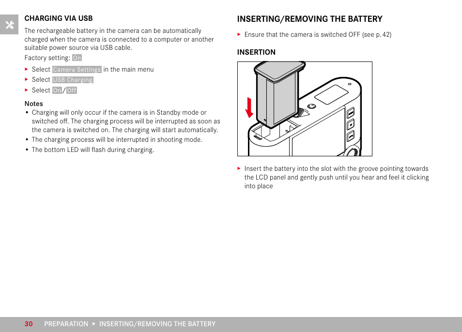 Charging via usb, Inserting/removing the battery | LEICA M11 Monochrom Rangefinder Camera User Manual | Page 30 / 185