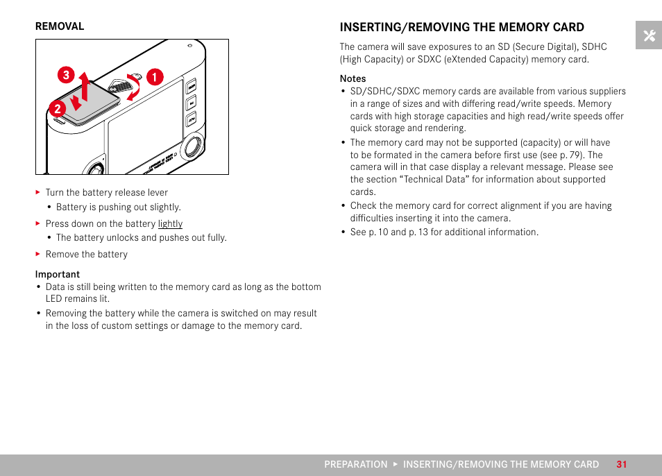 Inserting/removing the memory card | LEICA M11 Monochrom Rangefinder Camera User Manual | Page 31 / 185