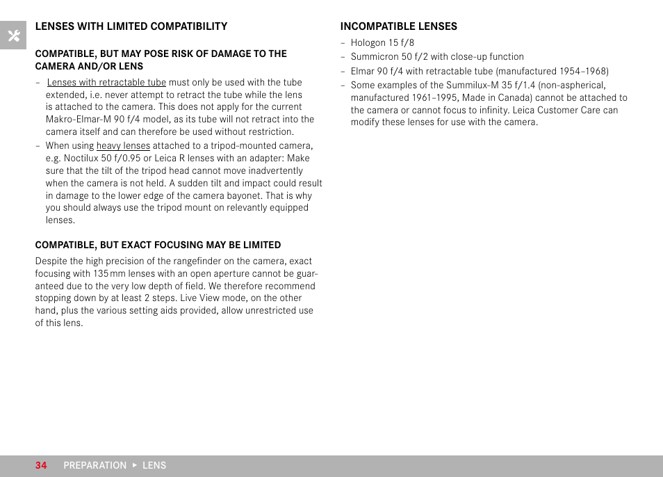 Lenses with limited compatibility, Incompatible lenses | LEICA M11 Monochrom Rangefinder Camera User Manual | Page 34 / 185
