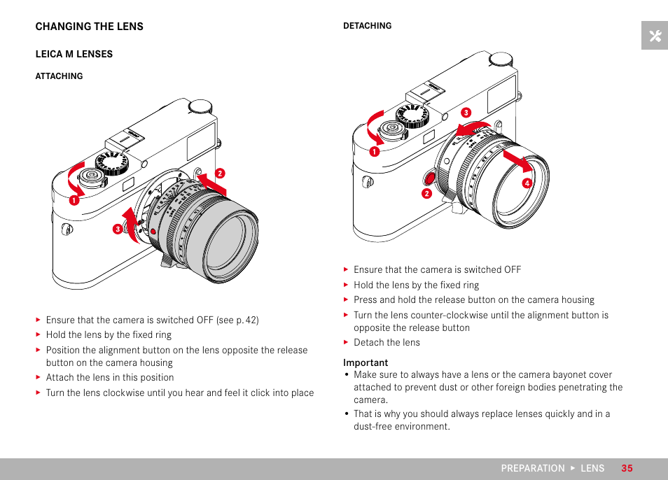 Changing the lens | LEICA M11 Monochrom Rangefinder Camera User Manual | Page 35 / 185