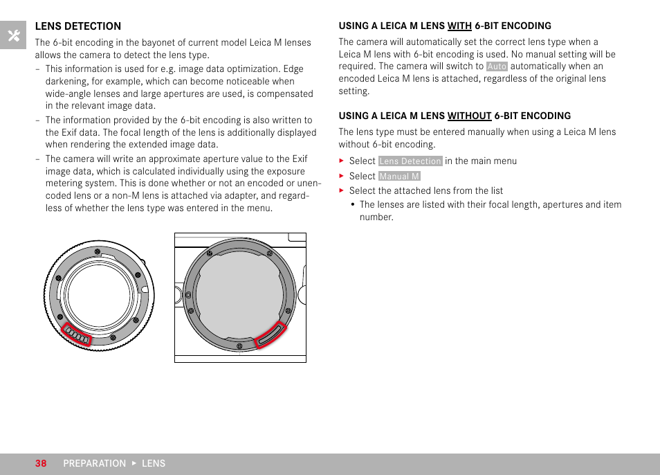 Lens detection, Using a leica m lens with 6-bit encoding, Using a leica m lens without 6-bit encoding | LEICA M11 Monochrom Rangefinder Camera User Manual | Page 38 / 185