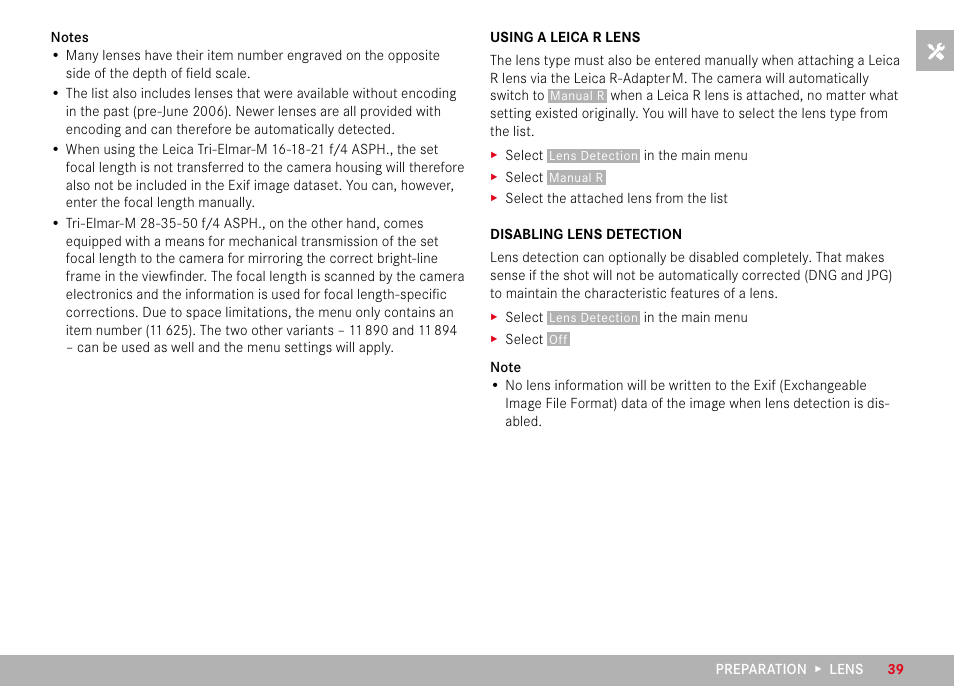 Using a leica r lens, Disabling lens detection, Using a leica r lens disabling lens detection | LEICA M11 Monochrom Rangefinder Camera User Manual | Page 39 / 185