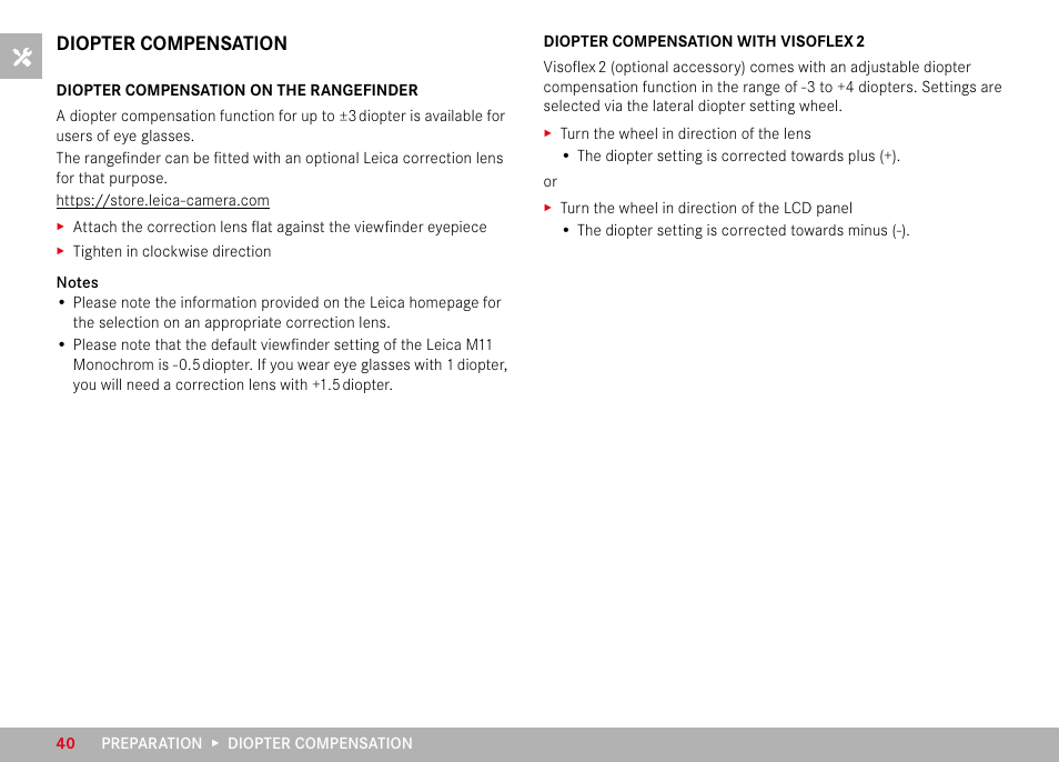 Diopter compensation | LEICA M11 Monochrom Rangefinder Camera User Manual | Page 40 / 185