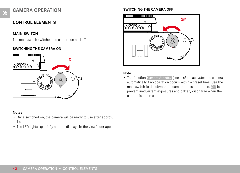 Camera operation, Control elements, Main switch | LEICA M11 Monochrom Rangefinder Camera User Manual | Page 42 / 185