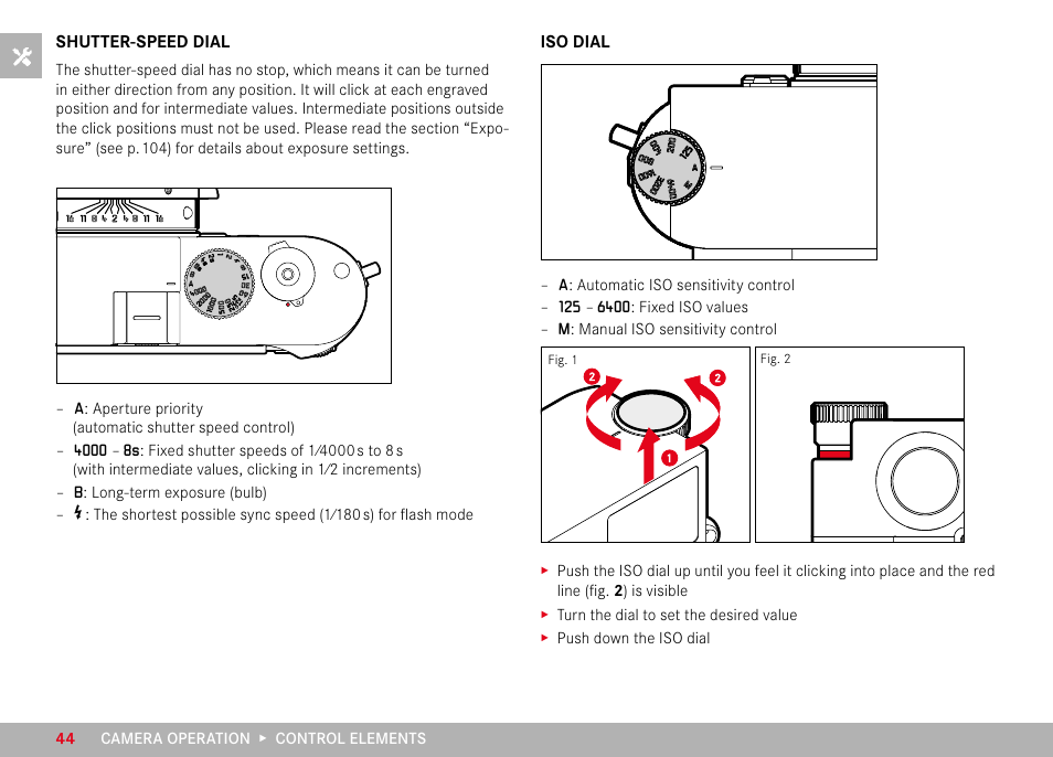 Shutter-speed dial, Iso dial, Shutter-speed dial iso dial | LEICA M11 Monochrom Rangefinder Camera User Manual | Page 44 / 185