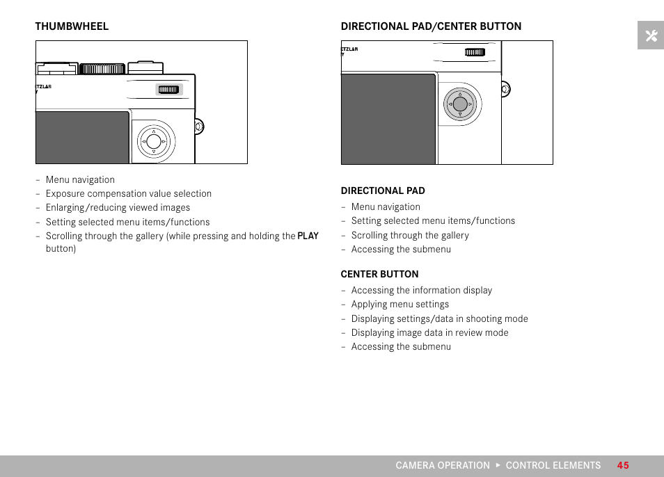 Thumbwheel, Directional pad/center button, Thumbwheel directional pad/center button | LEICA M11 Monochrom Rangefinder Camera User Manual | Page 45 / 185