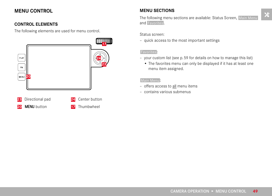 Menu control, Control elements, Menu sections | Control elements menu sections | LEICA M11 Monochrom Rangefinder Camera User Manual | Page 49 / 185