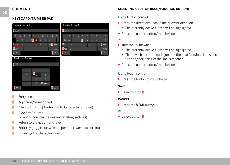 Submenu, Keyboard/number pad | LEICA M11 Monochrom Rangefinder Camera User Manual | Page 56 / 185