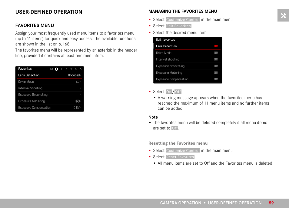 User-defined operation, Favorites menu, Managing the favorites menu | LEICA M11 Monochrom Rangefinder Camera User Manual | Page 59 / 185