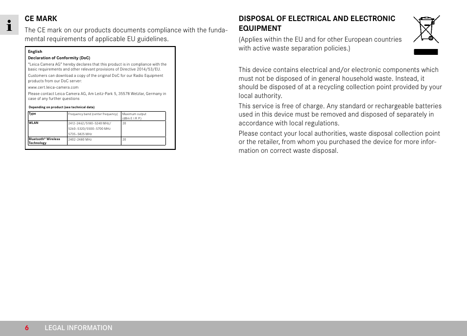 Ce mark, Disposal of electrical and electronic equipment, Legal information 6 | LEICA M11 Monochrom Rangefinder Camera User Manual | Page 6 / 185