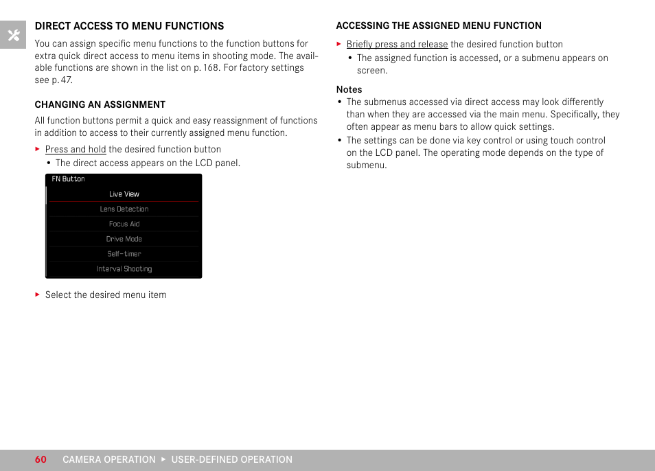 Direct access to menu functions, Changing an assignment, Accessing the assigned menu function | LEICA M11 Monochrom Rangefinder Camera User Manual | Page 60 / 185