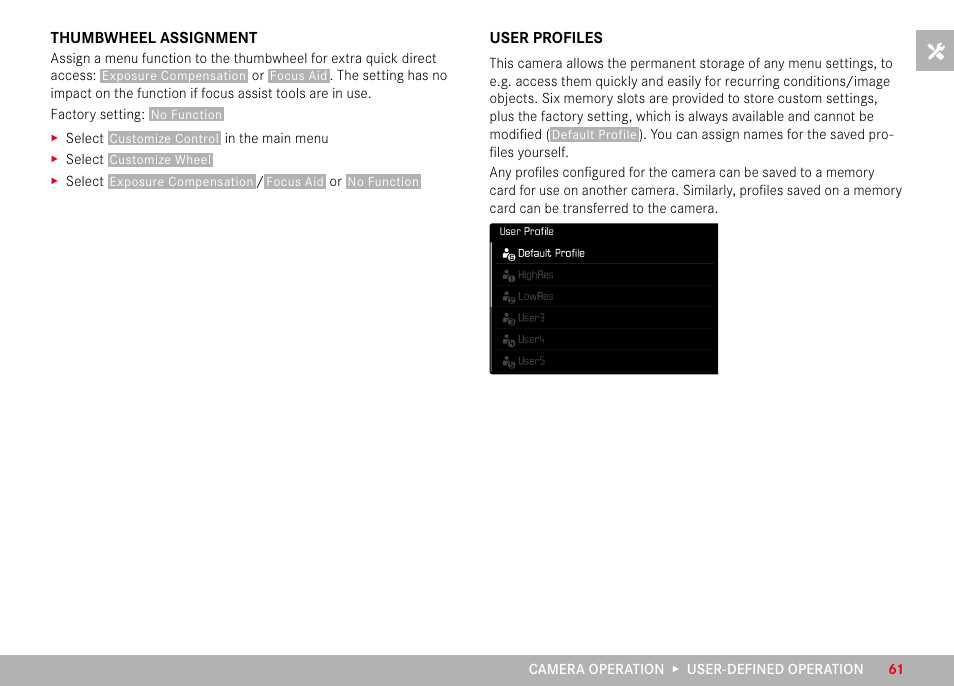 Thumbwheel assignment, User profiles, Thumbwheel assignment user profiles | LEICA M11 Monochrom Rangefinder Camera User Manual | Page 61 / 185