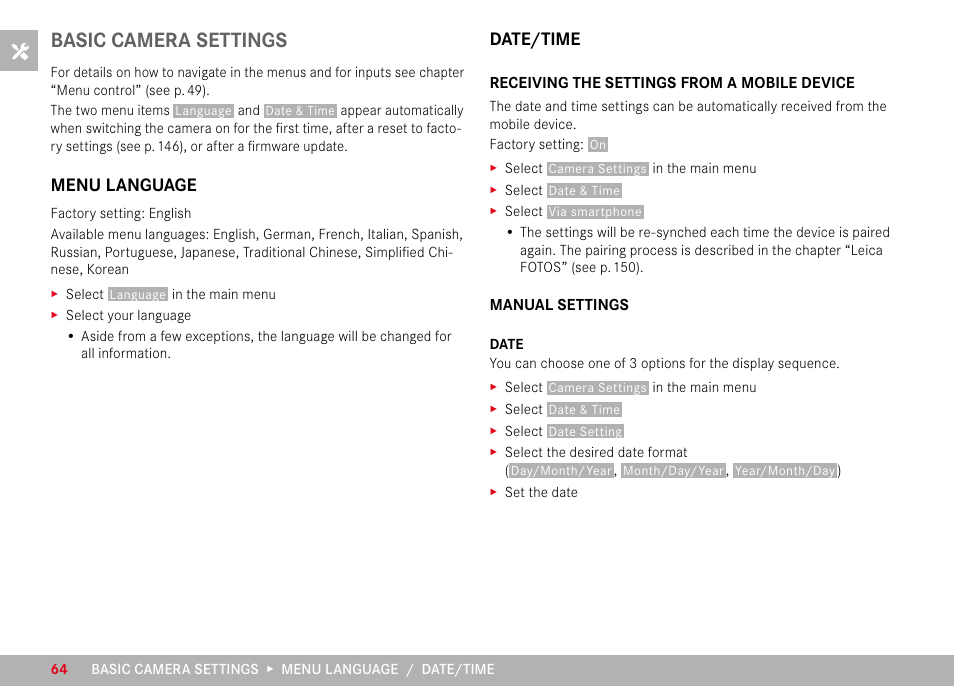 Basic camera settings, Menu language, Date/time | Receiving the settings from a mobile device, Manual settings, Menu language date/time | LEICA M11 Monochrom Rangefinder Camera User Manual | Page 64 / 185