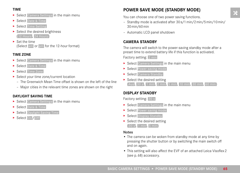Power save mode (standby mode), Camera standby, Display standby | Camera standby display standby | LEICA M11 Monochrom Rangefinder Camera User Manual | Page 65 / 185