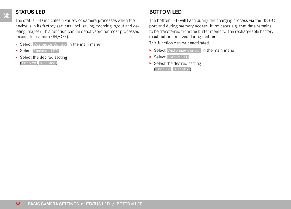 Status led, Bottom led, Status led bottom led | LEICA M11 Monochrom Rangefinder Camera User Manual | Page 66 / 185