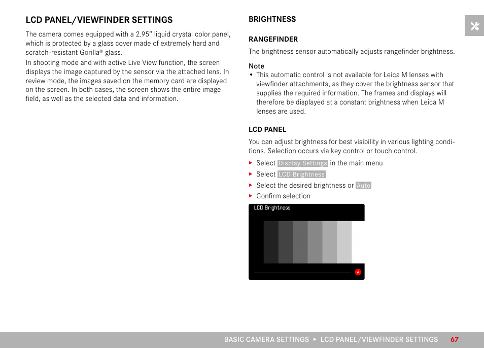 Lcd panel/viewfinder settings, Brightness, Rangefinder | Lcd panel, Rangefinder lcd panel | LEICA M11 Monochrom Rangefinder Camera User Manual | Page 67 / 185