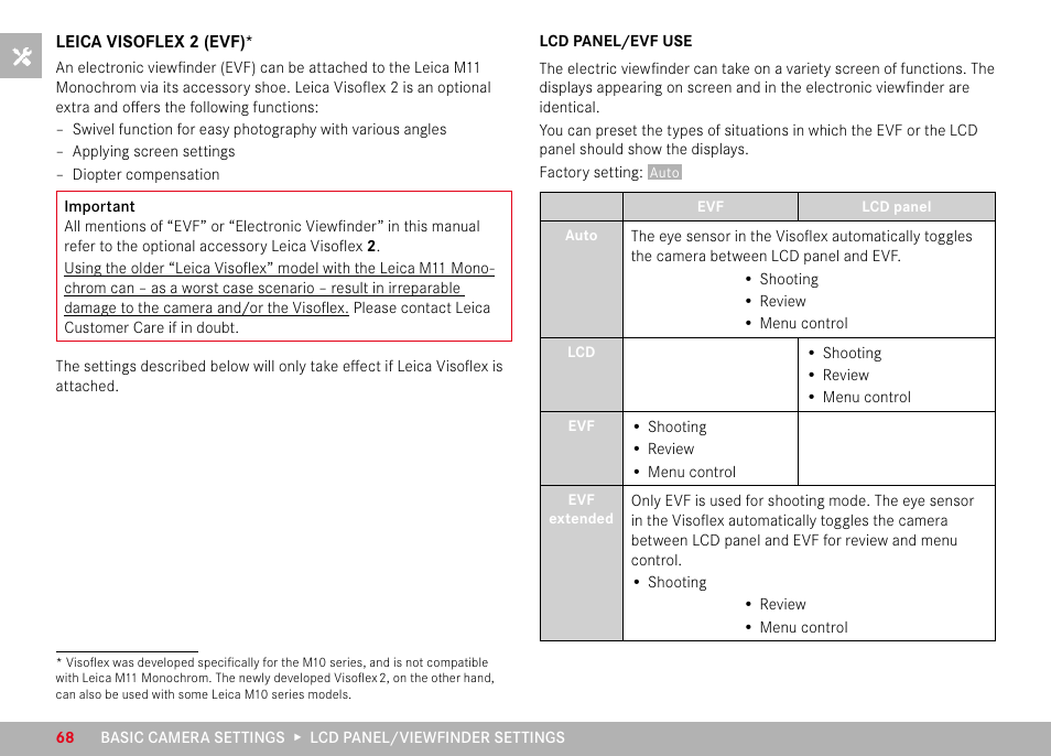 Leica visoflex 2 (evf), Lcd panel/evf use | LEICA M11 Monochrom Rangefinder Camera User Manual | Page 68 / 185