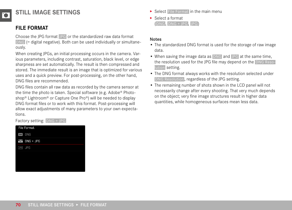Still image settings, File format | LEICA M11 Monochrom Rangefinder Camera User Manual | Page 70 / 185