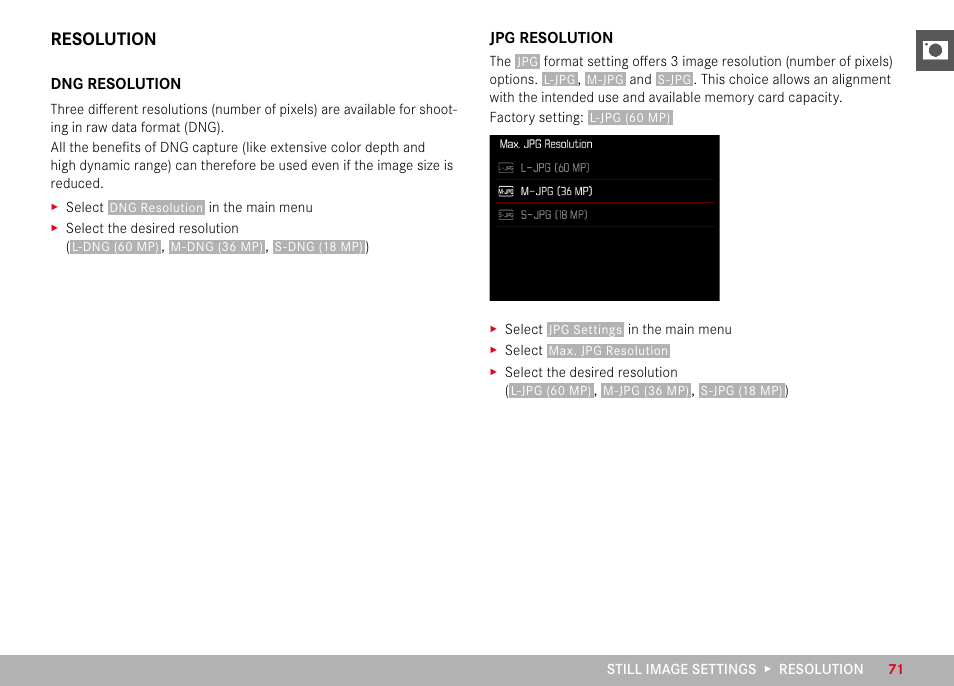 Resolution, Dng resolution, Jpg resolution | Dng resolution jpg resolution | LEICA M11 Monochrom Rangefinder Camera User Manual | Page 71 / 185
