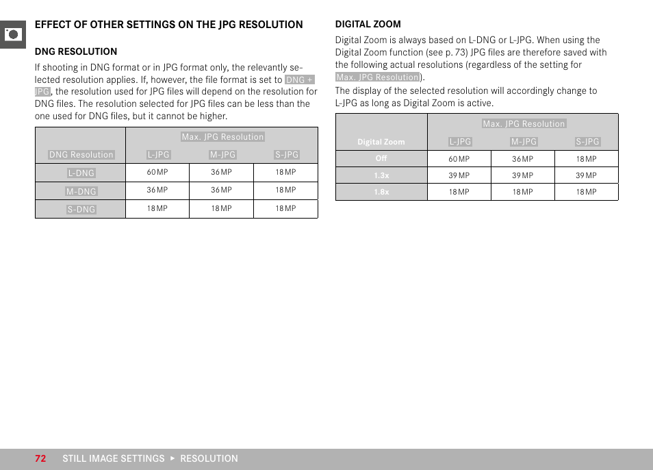 Effect of other settings on the jpg resolution | LEICA M11 Monochrom Rangefinder Camera User Manual | Page 72 / 185