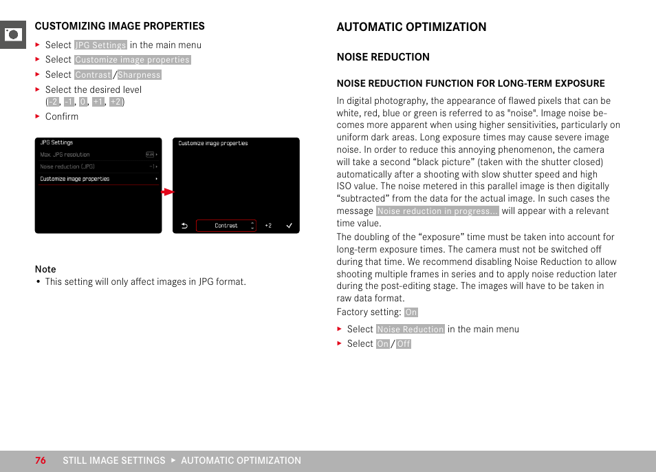 Customizing image properties, Automatic optimization, Noise reduction | Noise reduction function for long-term exposure | LEICA M11 Monochrom Rangefinder Camera User Manual | Page 76 / 185