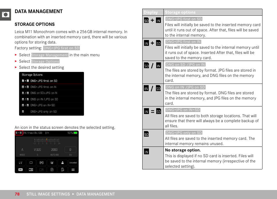 Data management, Storage options | LEICA M11 Monochrom Rangefinder Camera User Manual | Page 78 / 185