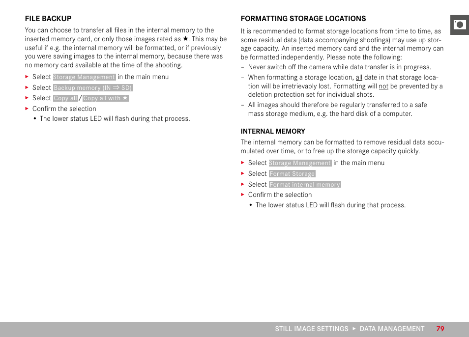 File backup, Formatting storage locations, File backup formatting storage locations | LEICA M11 Monochrom Rangefinder Camera User Manual | Page 79 / 185