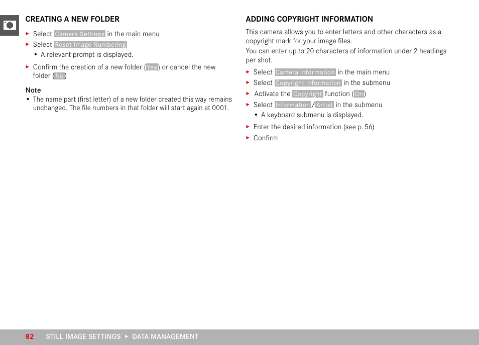 Creating a new folder, Adding copyright information, Creating a new folder adding copyright information | LEICA M11 Monochrom Rangefinder Camera User Manual | Page 82 / 185