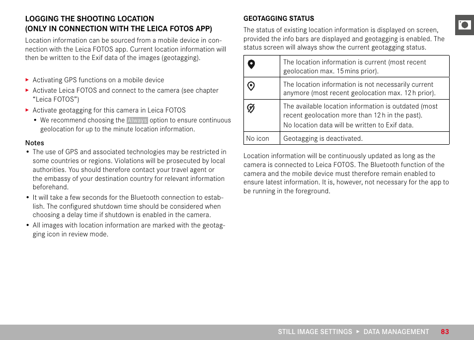Logging the shooting location | LEICA M11 Monochrom Rangefinder Camera User Manual | Page 83 / 185