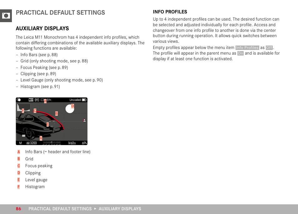 Practical default settings, Auxiliary displays, Info profiles | LEICA M11 Monochrom Rangefinder Camera User Manual | Page 86 / 185