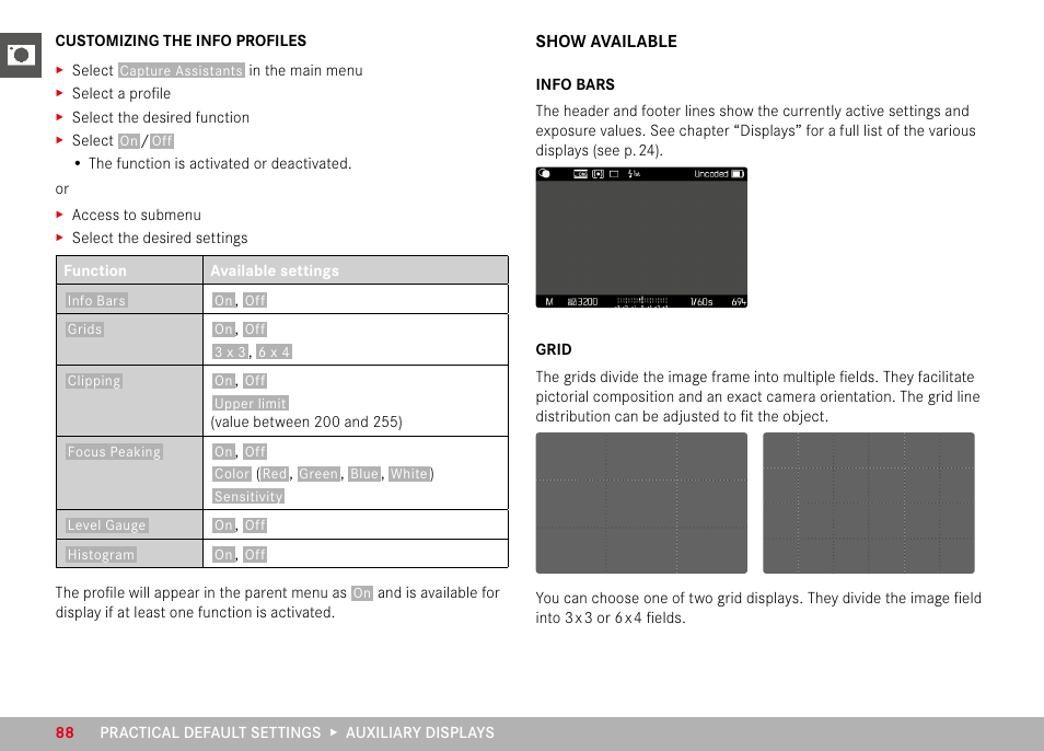 Customizing the info profiles, Show available, Info bars | Grid, Info bars grid | LEICA M11 Monochrom Rangefinder Camera User Manual | Page 88 / 185