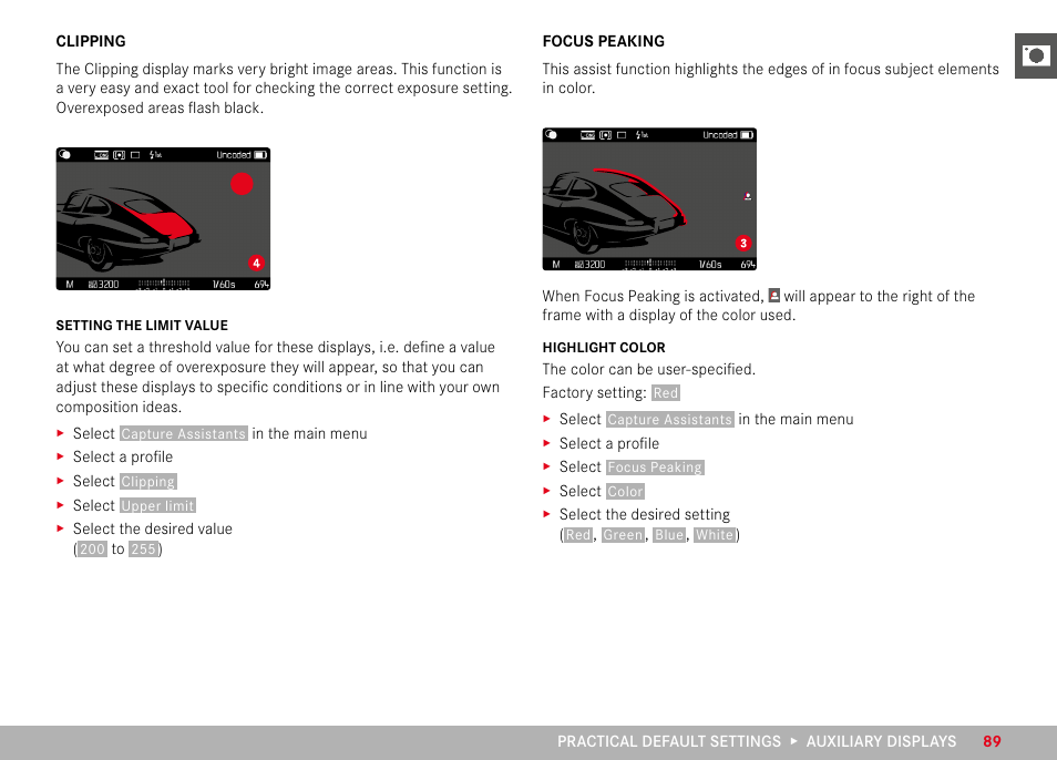 Clipping, Focus peaking, Clipping focus peaking | LEICA M11 Monochrom Rangefinder Camera User Manual | Page 89 / 185